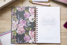 Load image into Gallery viewer, open-sermon-notebook-with-purple-flowers-and-two-christian-pens
