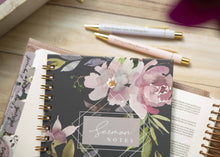 Load image into Gallery viewer, dark-sermon-notes-notebook-for-women-with-purple-flowers
